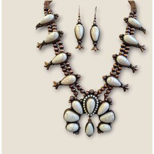 Vintage-Style Squash Blossom Necklace & Earrings Set With White Stone Inlay And
